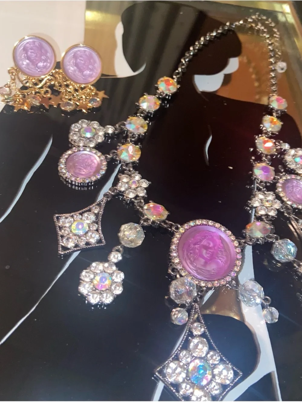 Kirks Folly Aurora Crystal Statement Angel Necklace and Earring Set in Lavender